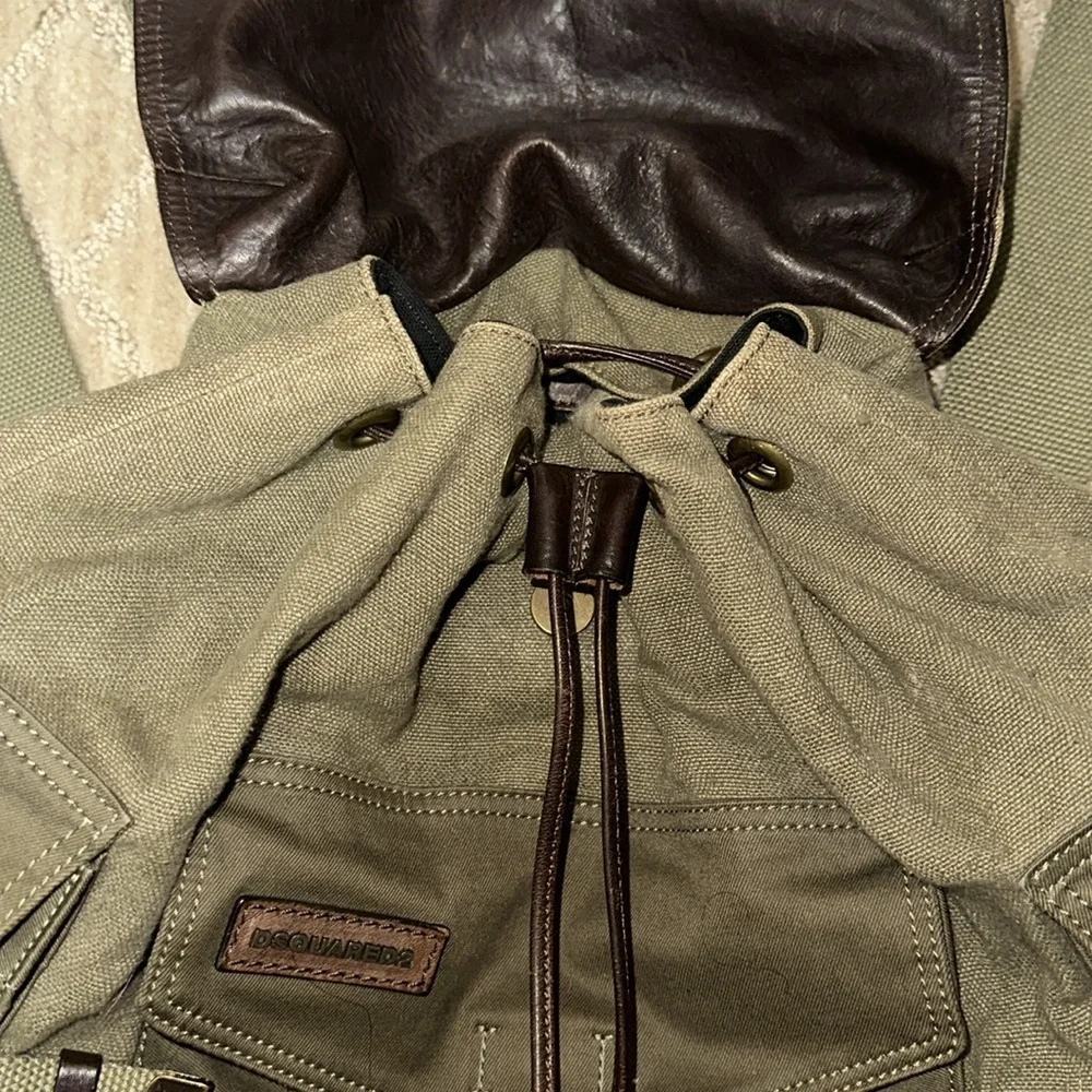 FINAL PRICE DROP: Dsquared2 Green Canvas and Brown Leather Drawstring Backpack